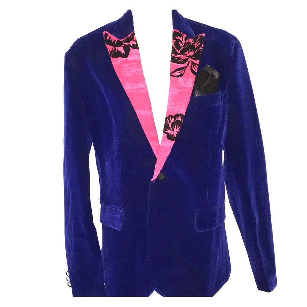 Lexa Vonn Blue velvet silk lapel tuxedo jacket